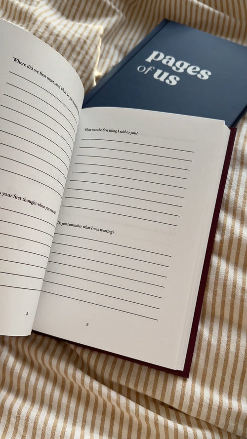 Open Pages of Us book with relationship questions and space to write answers